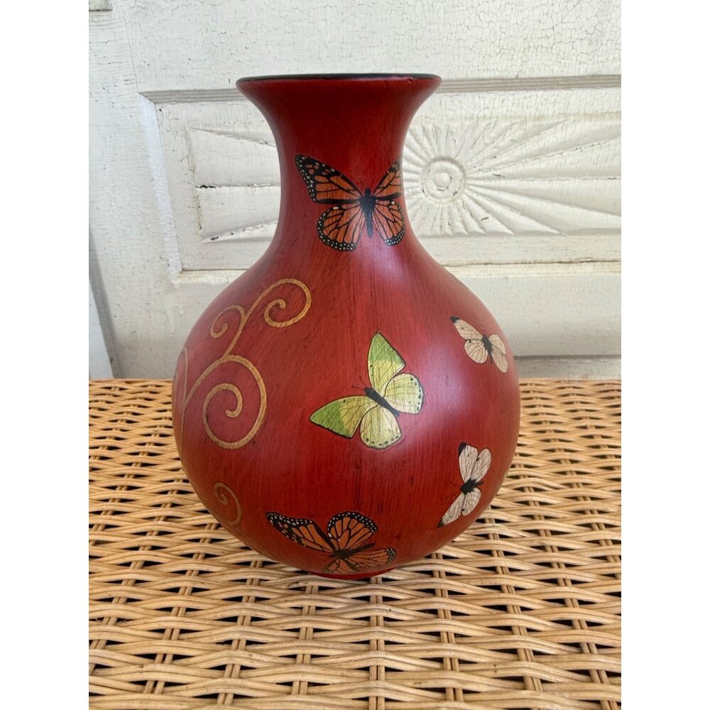 Vintage 90's Fat Belly Ceramic Vase Hand Painted Decoupage Butterflies BOHO